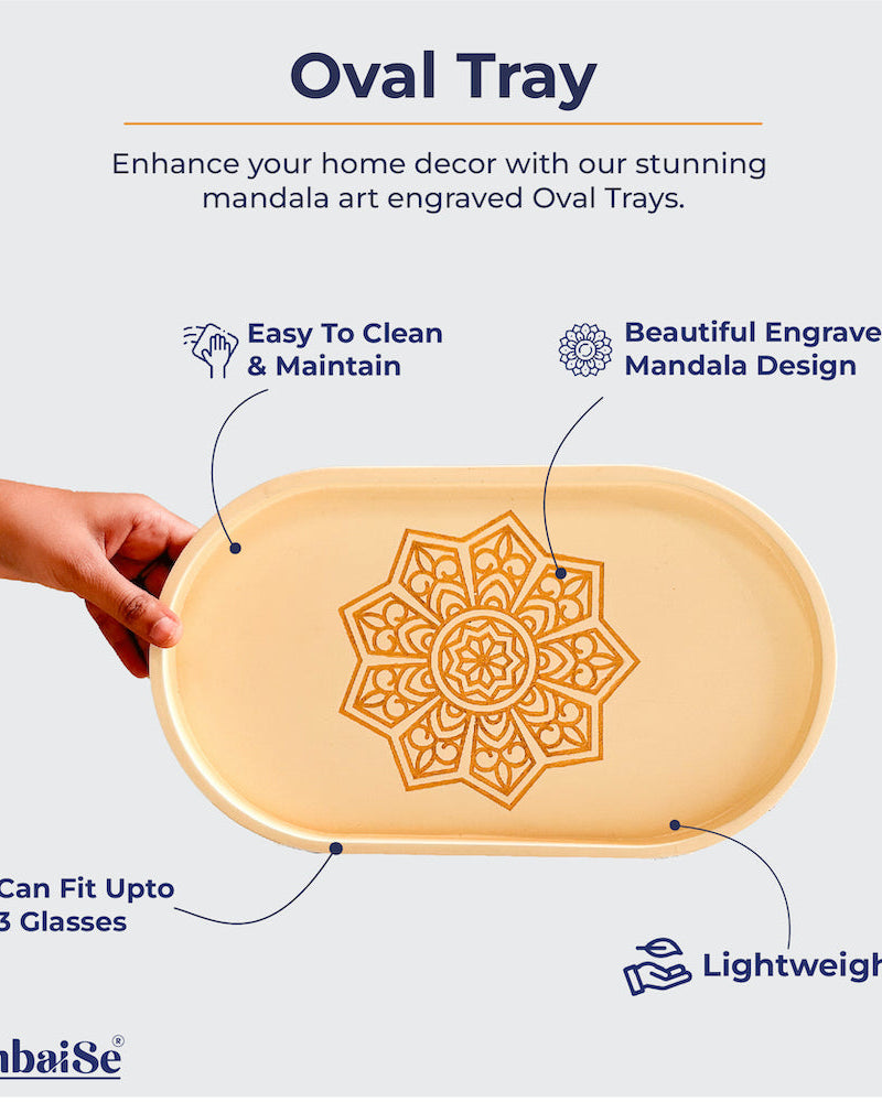 Elevate your space with the Ivory White Oval Tray, a Premium Painted Wood creation designed for serving, organizing, and decor. Light-weight and sized at 13" x 7.5" x 0.75"H, this tray with Serenity Mandal Art brings a touch of sophistication to your daily routines and adds elegance to any setting.