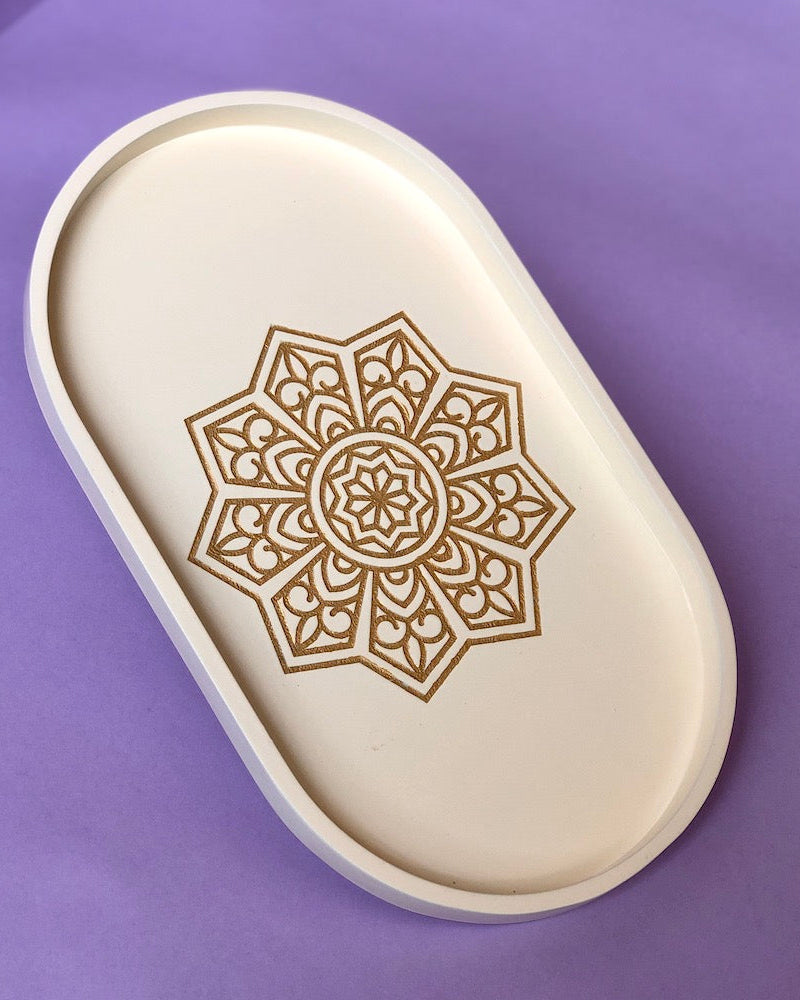 oval tray - ivory white oval tray with golden craved mandala art