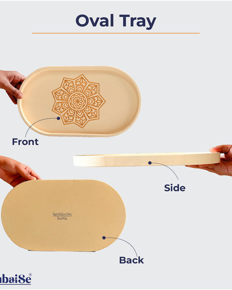 Optimize your daily rituals with the Ivory White Oval Tray, a Premium Painted Wood marvel featuring Serenity Mandal Art. Light-weight and sized at 13" x 7.5" x 0.75"H, this versatile tray seamlessly blends into different settings, enhancing your serving, organizing, and decorative experiences.