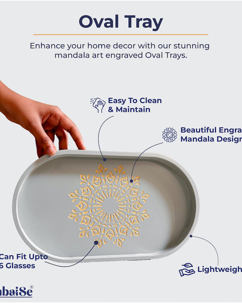 Experience sophistication with the Pebble Grey Oval Tray (medium), a Premium Painted Wood creation designed for versatility. Light-weight and featuring Serenity Mandal Art, this tray seamlessly adapts to different settings, creating a stylish focal point for serving, organizing, and elevating your decor.