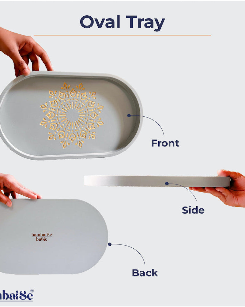 Transform your space with the Pebble Grey Oval Tray (medium), an artful creation made from light-weight Premium Painted Wood. Sized perfectly for versatility, this tray with Serenity Mandal Art offers a harmonious blend of functionality and aesthetics, ideal for serving, organizing, and elevating your decor.