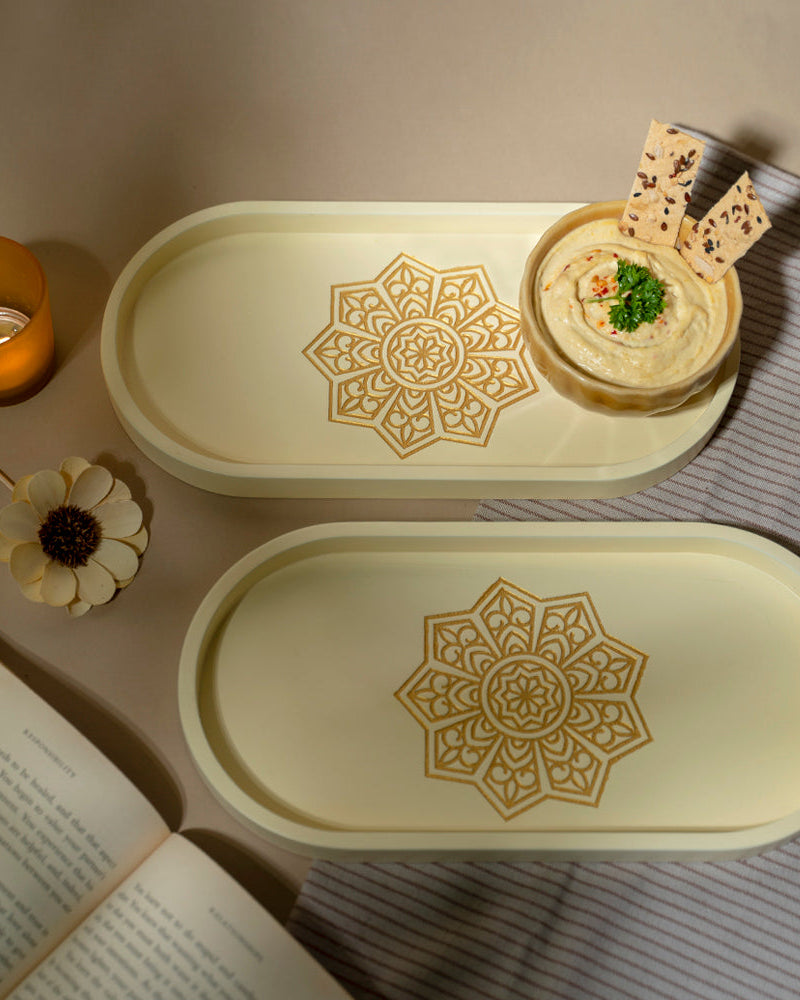 Experience elegance in simplicity with our Ivory White Oval Tray, crafted from Premium Painted Wood. This light-weight and versatile tray, adorned with Serenity Mandala Art, are perfect for serving, organizing, and adding a touch of decor to any setting.