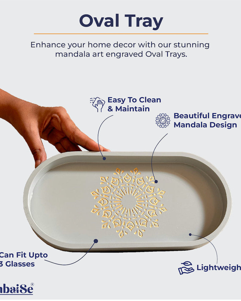 Elevate your serving experience with the Pebble Grey Oval Tray, a light-weight marvel made from Premium Painted Wood. Ideal for serving, organizing, and decor, this 11‰Û x 5.5‰Û tray features Serenity Mandala Art, bringing a stylish and functional element to your home.