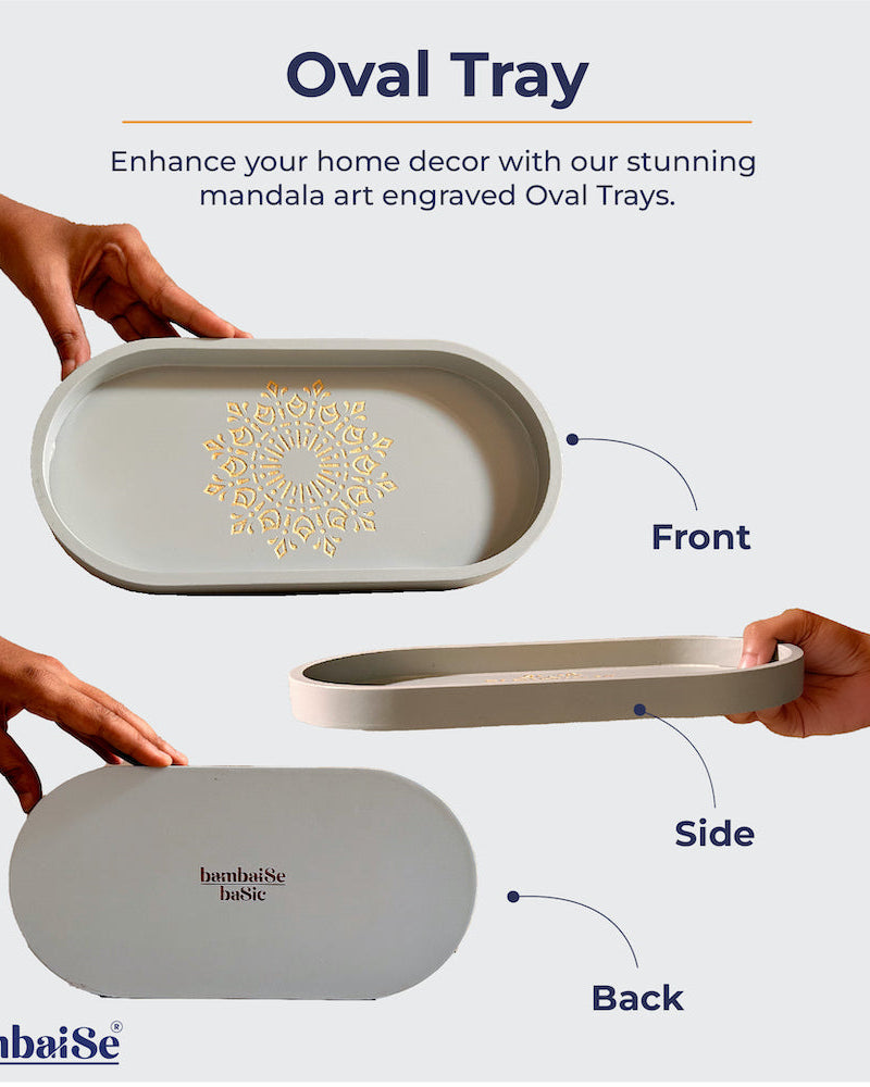 Optimize your space with the Pebble Grey Oval Tray, a Premium Painted Wood creation designed for serving, organizing, and decor. Light-weight and adorned with Serenity Mandala Art, this 11‰Û x 5.5‰Û tray adds a touch of elegance to your daily routines.
