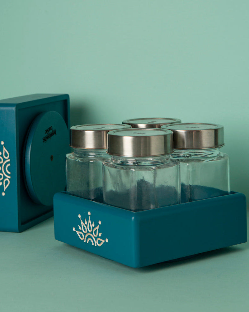 Bring order to chaos with our Blue Revolving Jar Tray Organizer, crafted from Premium Painted Wood. Organize four jars with ease, as it rotates 360 degrees. Perfect for storing dry fruits or spices, use it in the kitchen, living room, or as an elegant dining table accessory, featuring Serenity Mandala Art.