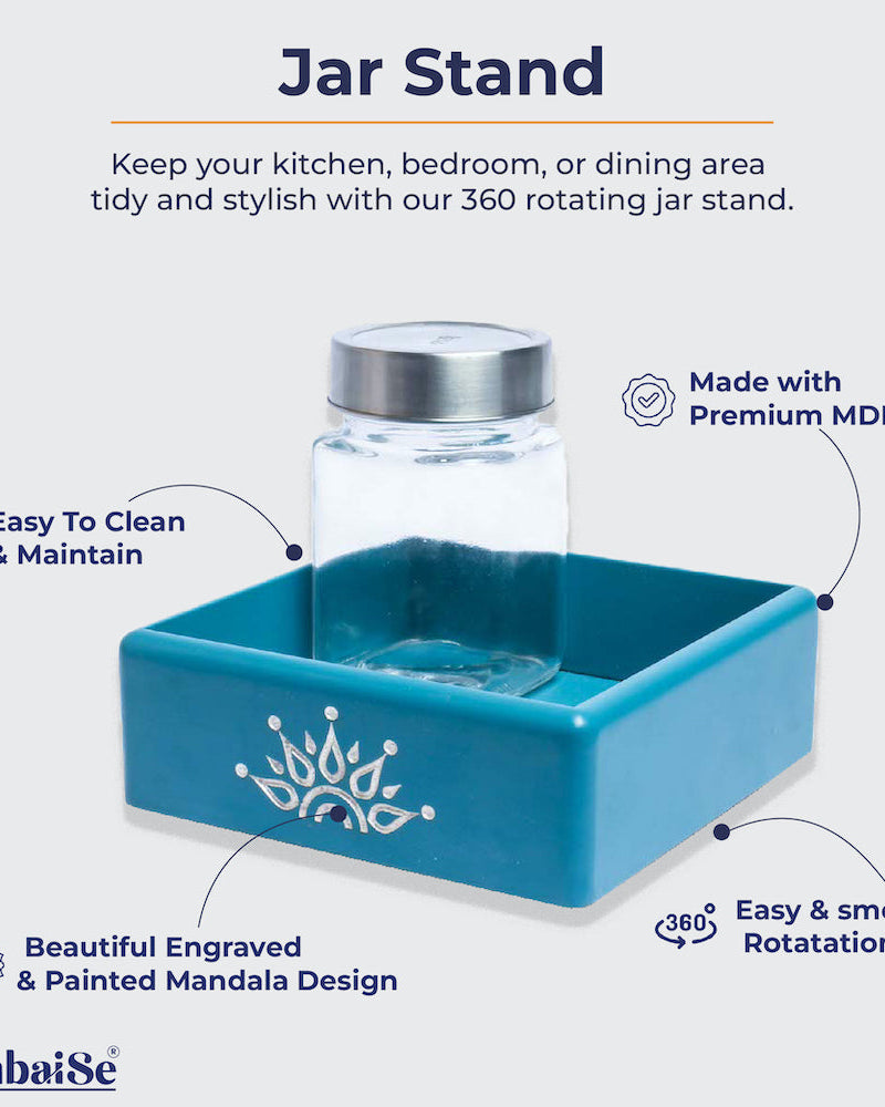 Experience harmony in organization with the Blue Revolving Jar Tray Organizer. Crafted from Premium Painted Wood, this functional piece accommodates four jars and rotates 360 degrees for convenient access. Ideal for neatly arranging dry fruits or spices, it's a stylish addition to your kitchen, living room, or dining table.