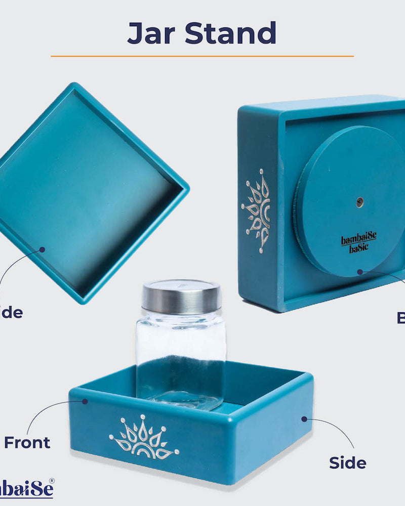 Optimize your space with the Blue Revolving Jar Tray Organizer, a Premium Painted Wood solution adorned with Serenity Mandala Art. Effortlessly organize four jars while enjoying the 360-degree rotation feature.
