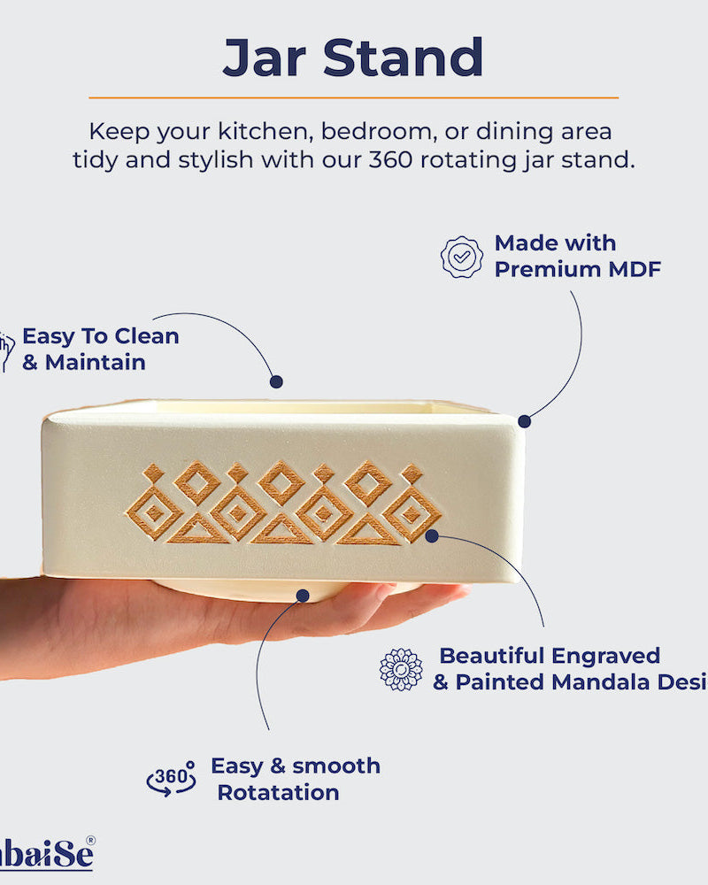 Crafted from Premium Painted Wood, this functional piece accommodates four jars and revolves 360 degrees for convenient access. A stylish addition to your kitchen, living room, or dining table, adorned with Serenity Mandala Art.