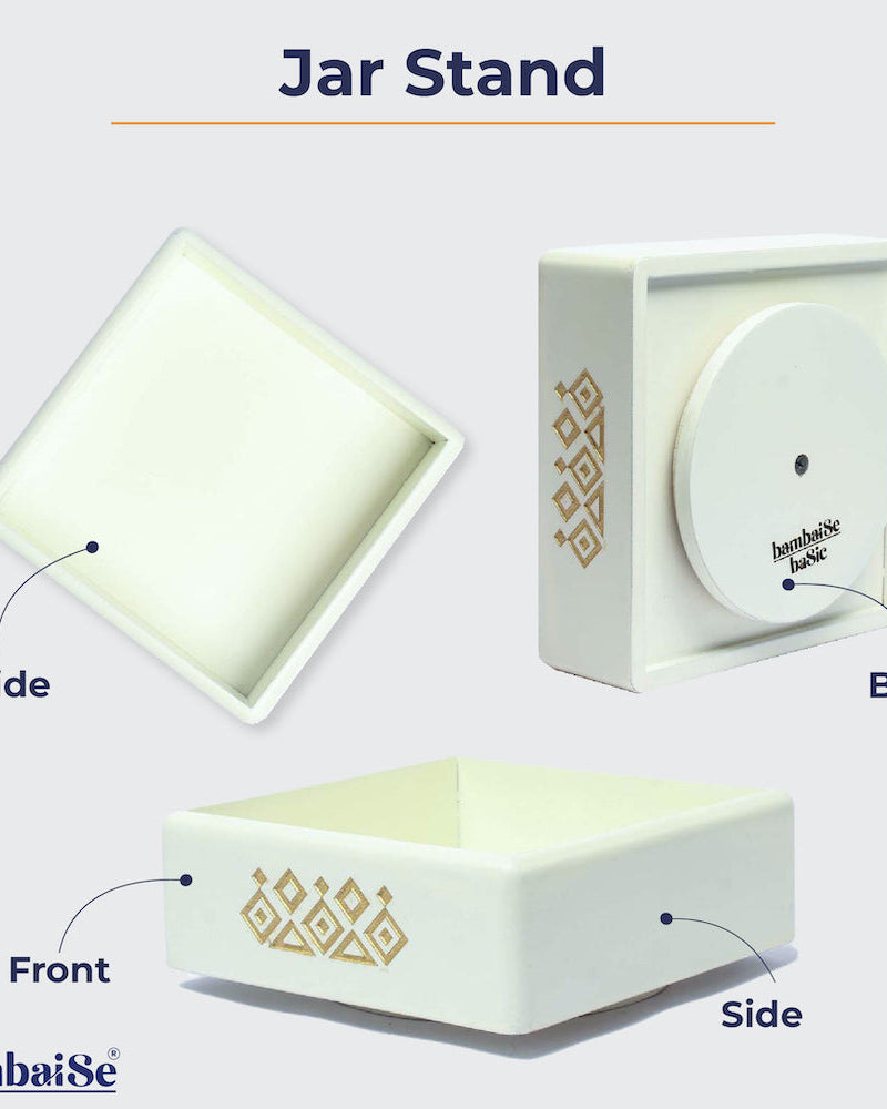 Optimize your storage with the Off White Revolving Jar Tray Organizer, a Premium Painted Wood creation embellished with Serenity Mandala Art. Revolutionize organization with its 360-degree rotation, accommodating four jars effortlessly.