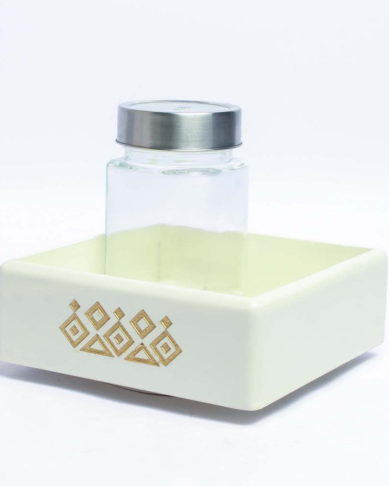 Off White Revolving Jar Tray Organizer, meticulously crafted from Premium Painted Wood. This stylish piece, featuring Serenity Mandala Art, organizes four jars seamlessly while revolving 360 degrees. Perfect for the kitchen, living room, or as an elegant addition to your dining table.