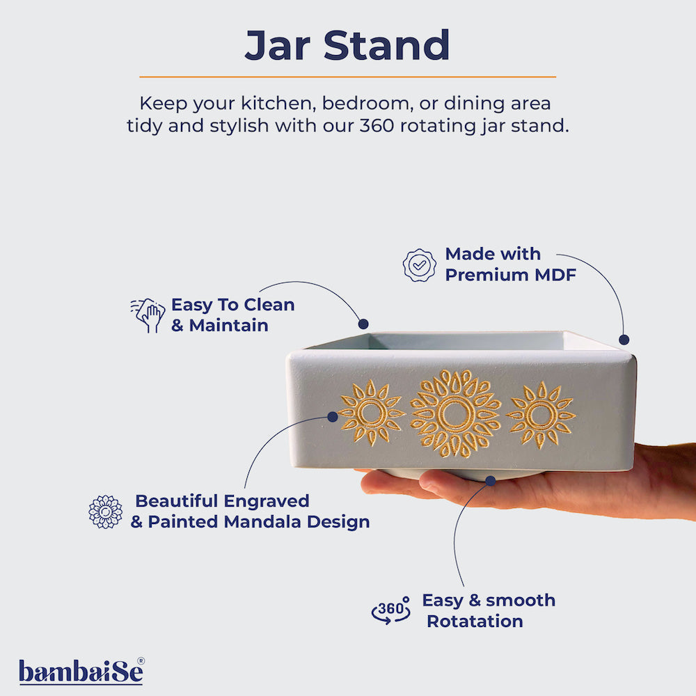 Discover harmony in organization with the Grey Revolving Jar Tray Organizer. Made from Premium Painted Wood, this versatile piece allows you to organize four jars while revolving 360 degrees.