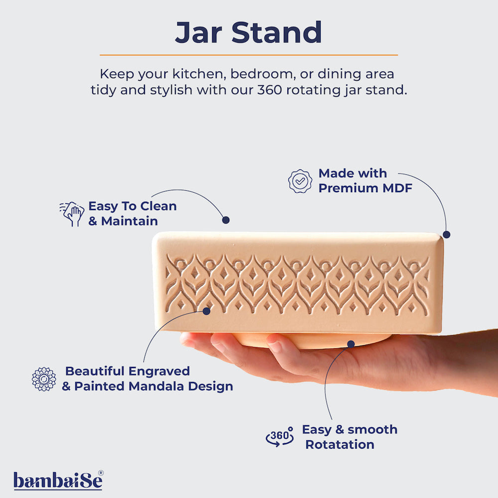 Elevate your organization game with the Vanilla Beige Revolving Jar Tray, a Premium Painted Wood creation adorned with Serenity Mandala Art. Revolutionize your space by organizing four jars and enjoying 360-degree rotation. Ideal for the kitchen, living room, or dining table, it seamlessly combines practicality with artistic flair.