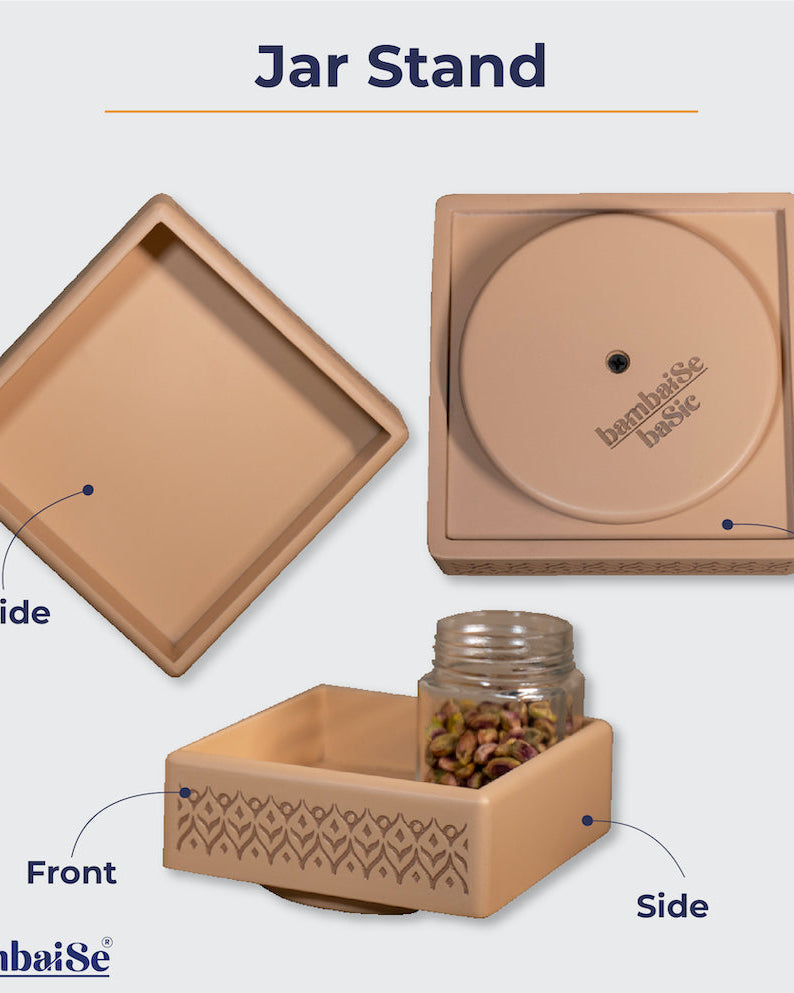 Optimize your storage space with the Vanilla Beige Revolving Jar Tray, a Premium Painted Wood marvel featuring Serenity Mandala Art. Rotate four jars 360 degrees effortlessly, offering a stylish solution for organizing dry fruits or spices. Perfect for use in the kitchen, living room, or as an elegant dining table accessory.