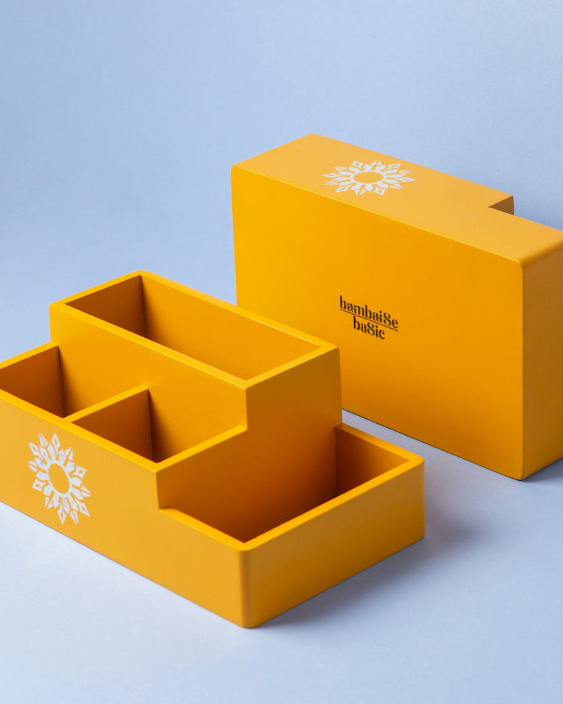Yellow mandala art multi organizer - BambaiSe design for stylish storage.