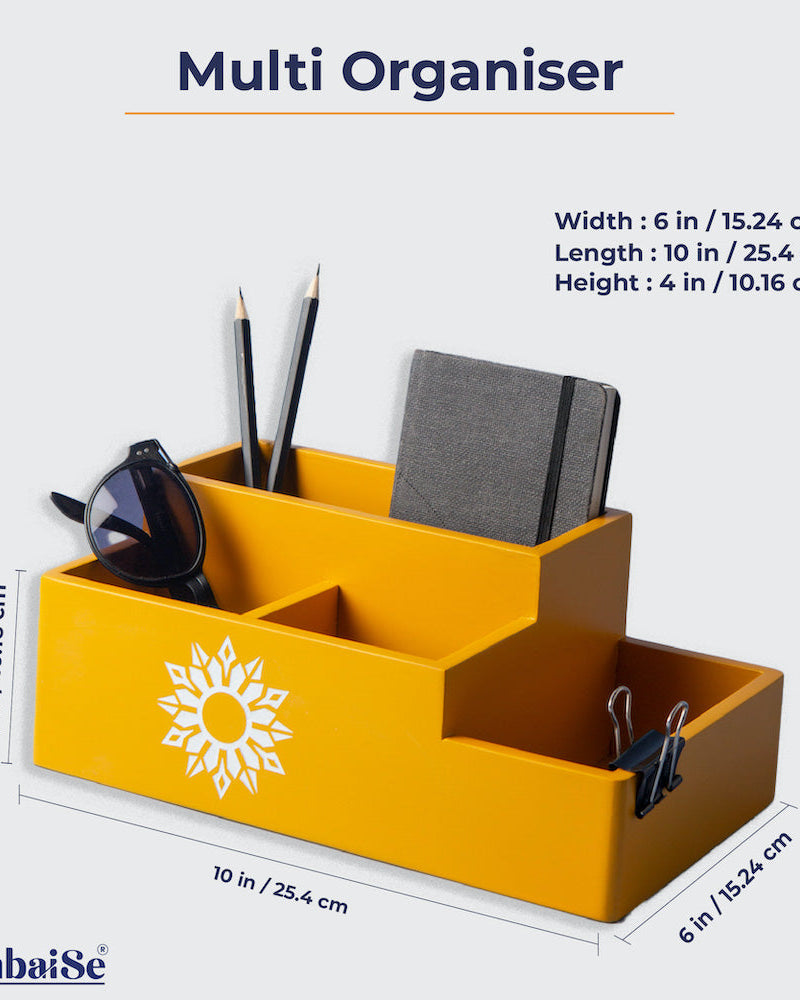 Elegant multi compartment organizer in yellow with BambaiSe's unique mandala design.