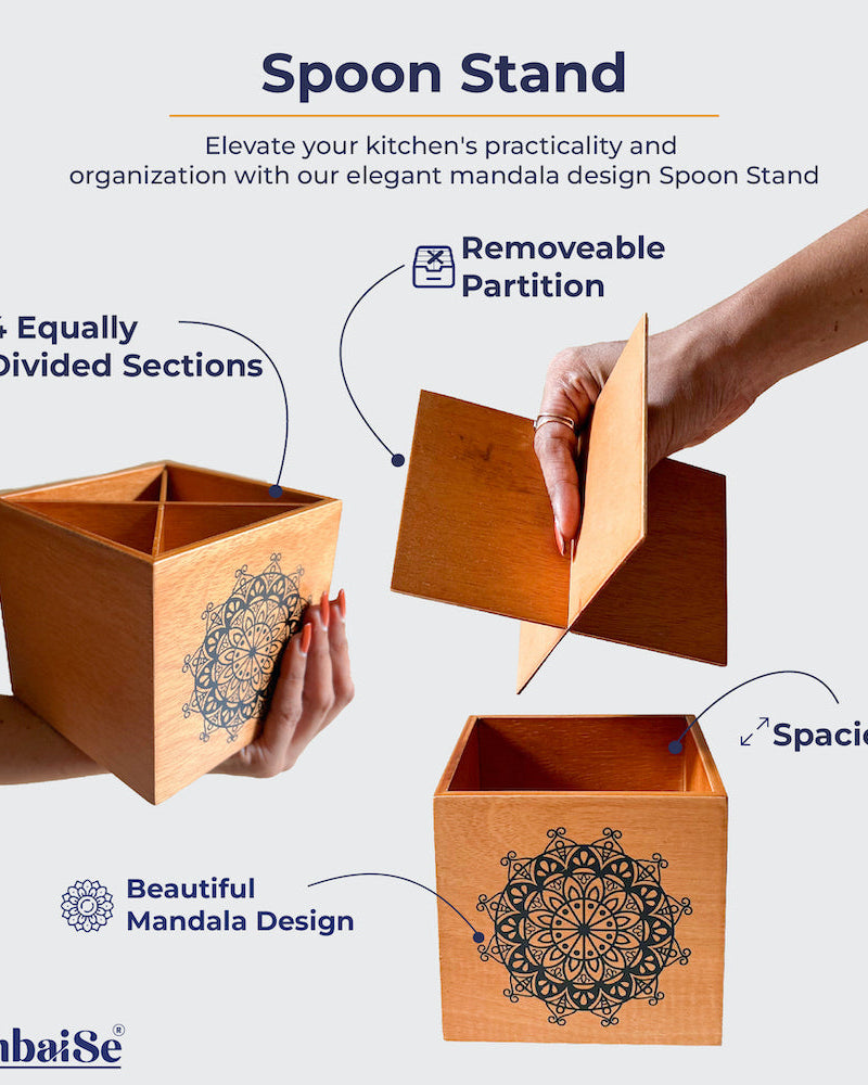 Discover the charm of organization with the Wood Light Spoon Stand, crafted from lightweight Birch Wood. Featuring removable 4 sections for easy cleaning and Serenity Mandal Art, this stand not only organizes your cutlery effortlessly but also adds a touch of serenity to your dining decor.