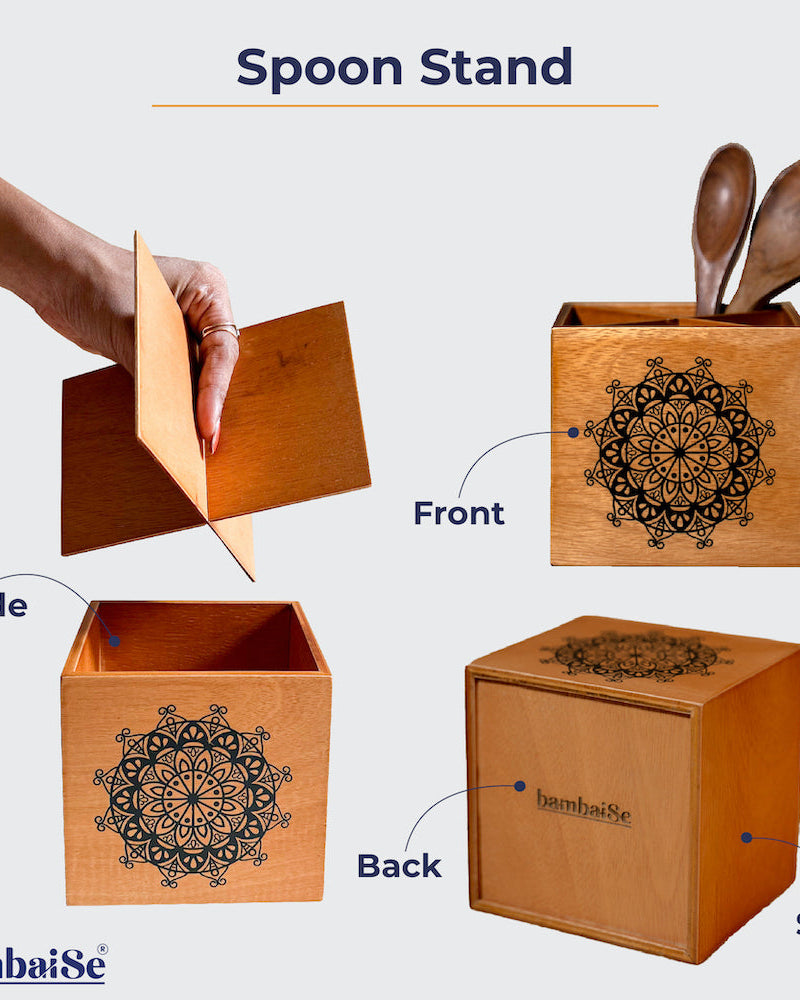 Introducing the Wood Light Spoon Stand ‰ÛÒ a sleek and functional solution for organizing cutlery. Crafted from lightweight Birch Wood and featuring Serenity Mandal Art, this stand with removable 4 sections adds a touch of serenity in the midst of chaos, enhancing your dining decor.