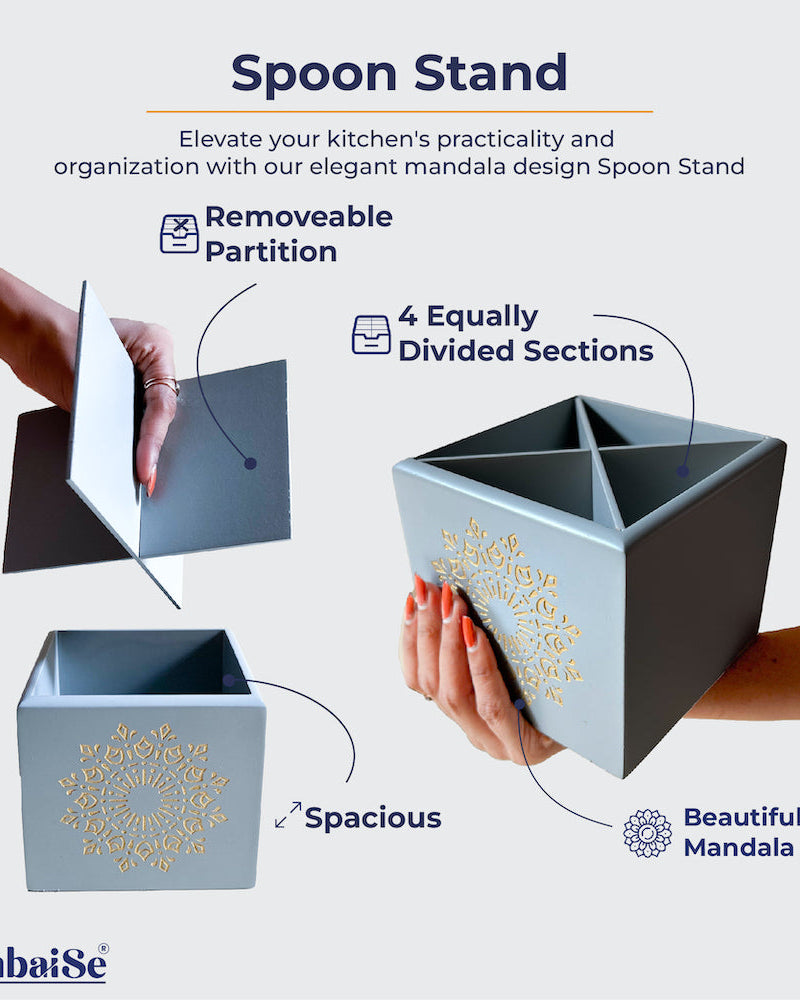 Discover practical elegance with the Pebble Grey Spoon Stand, a Premium Painted Wood creation designed for dining decor and kitchen cutlery organization. The engraved Serenity Mandal Art adds sophistication, while the removable 4 sections provide convenience and easy cleaning.