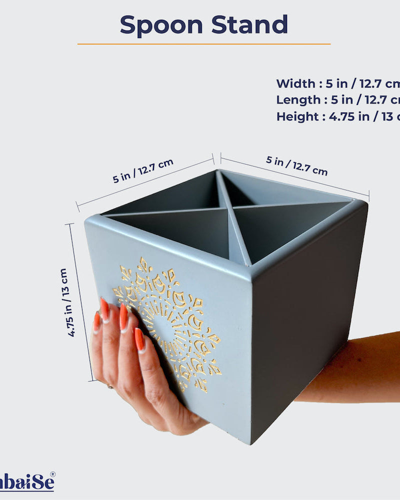 Optimize your kitchen space with the Pebble Grey Spoon Stand, meticulously crafted from Premium Painted Wood. Enhance your dining decor with the engraved Serenity Mandal Art, and enjoy the practicality of removable 4 sections, making it easy to clean and organize your kitchen cutlery.