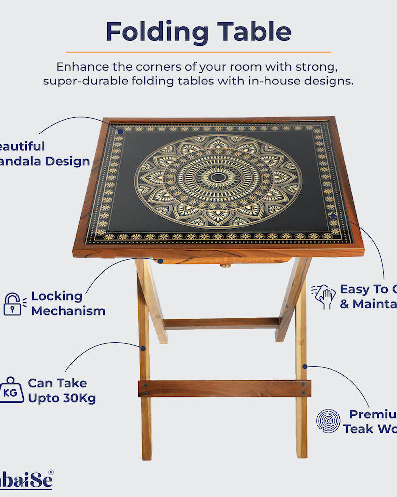 Transform your space with the elegance of the Gold and Black Square Folding Table. Featuring exquisite Mandala Art on teak wood, this versatile table adds serenity as a coffee table, sofa side table, bed side table, or balcony centerpiece. Enjoy the convenience of complete foldability and easy maintenance.