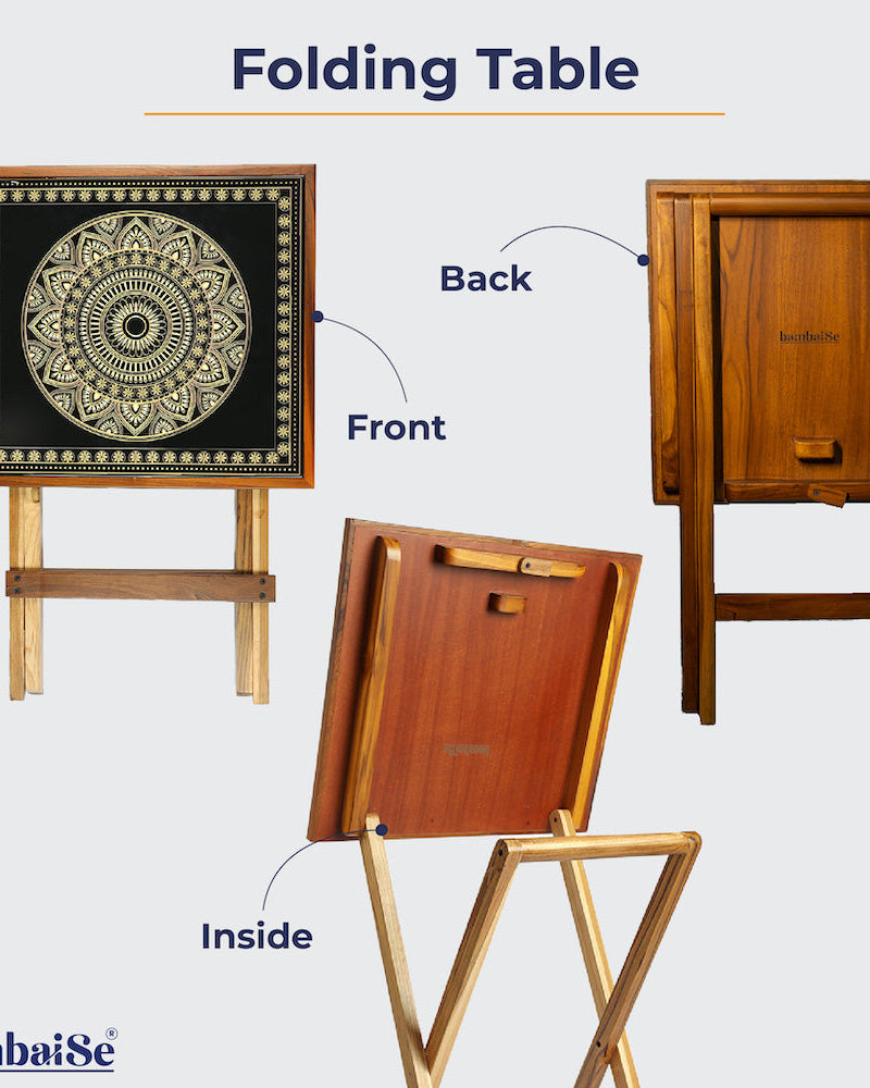 Discover tranquility in design with our Gold and Black Square Folding Table. Made from teak wood and adorned with Mandala Art. Its complete foldability ensures convenience, while easy cleaning and maintenance enhance its appeal.