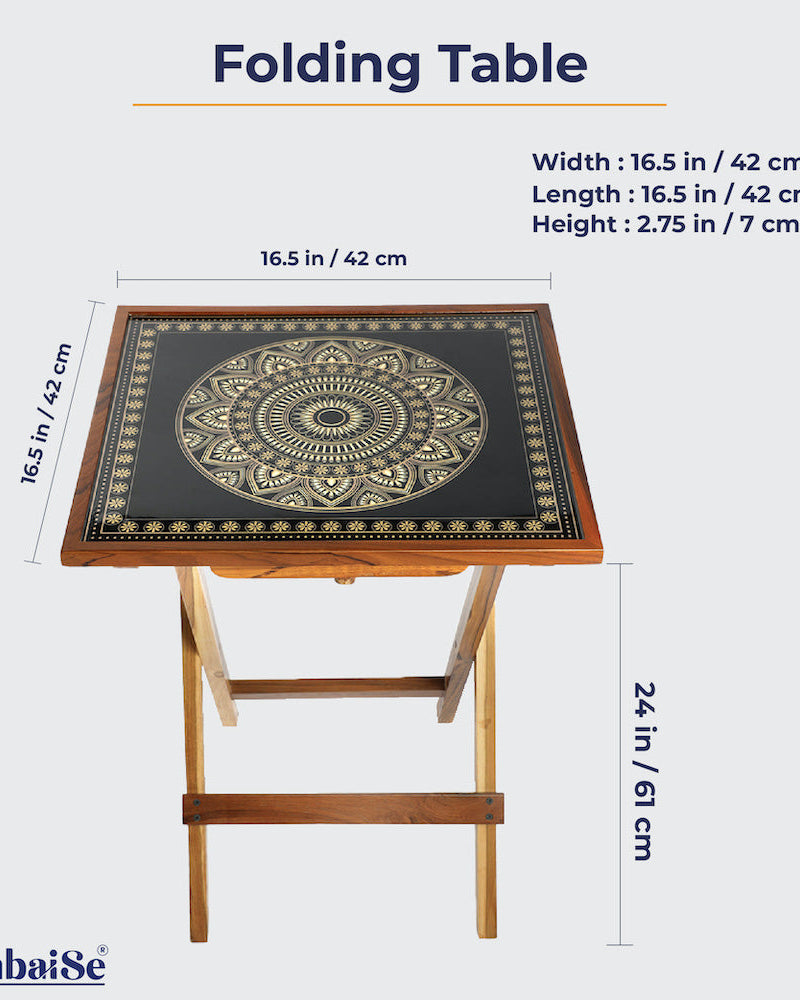 Crafted from teak wood with captivating Mandala Art, this table seamlessly transitions between roles as a coffee table, sofa side table, bed side table, or balcony enhancement. Its foldable design adds convenience, and easy cleaning and maintenance make it a standout piece.