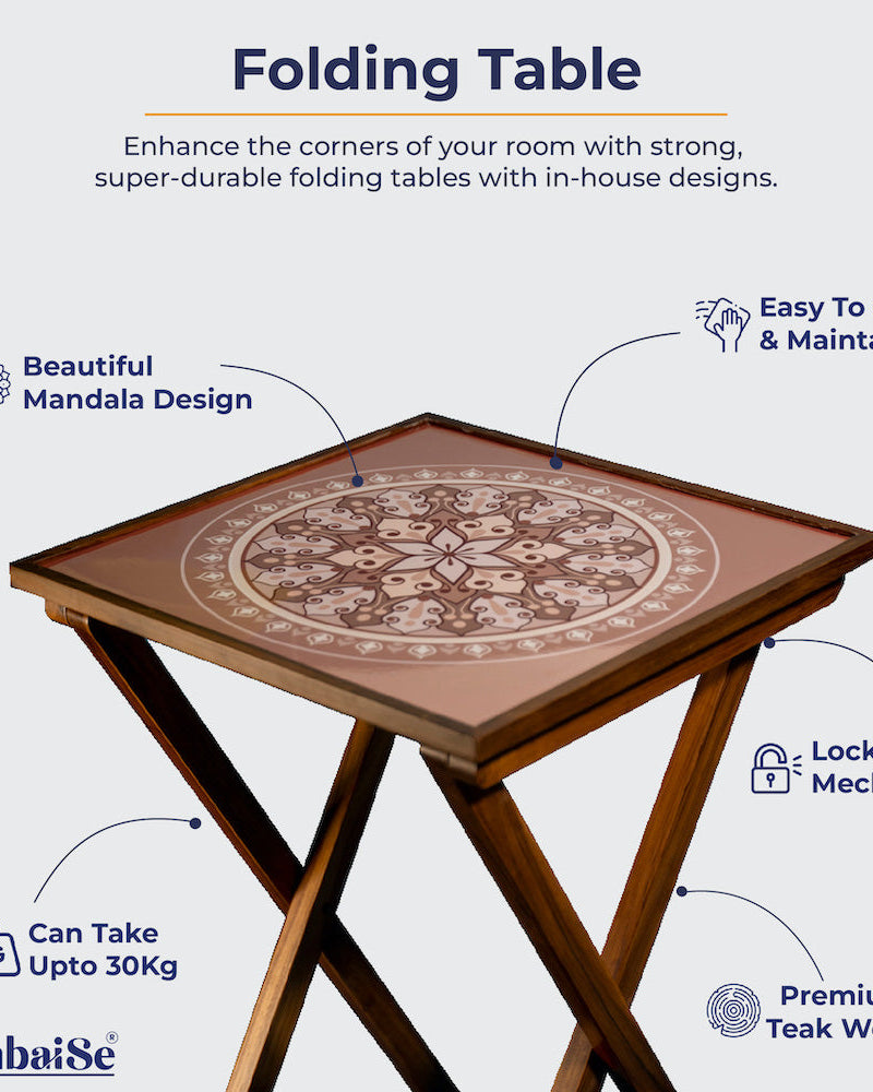 Crafted from teak wood and featuring a Serenity Mandala design on top, this versatile piece serves as a coffee table, sofa side table, bed side table, or balcony centerpiece. Enjoy the convenience of complete foldability and easy maintenance.