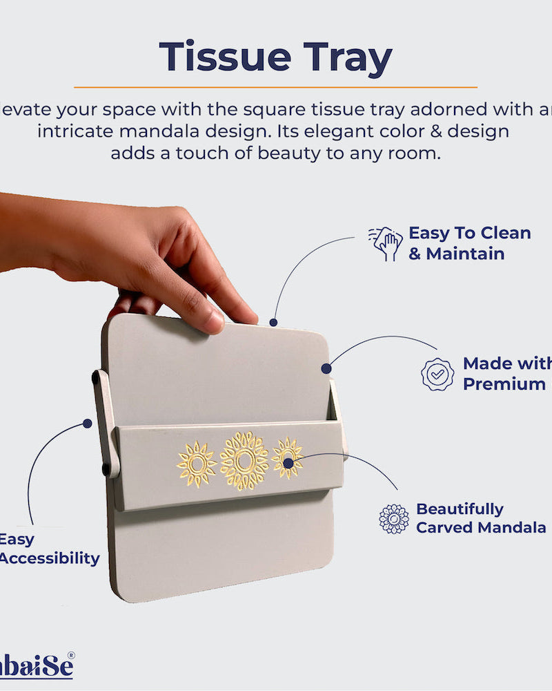 Elevate your decor with the Pebble Grey Tissue Tray, a high-quality wooden creation adorned with Serenity Mandal Art. The adjustable flap ensures square tissues stay in place, providing a stylish and practical solution to prevent chaos and keep your space organized.