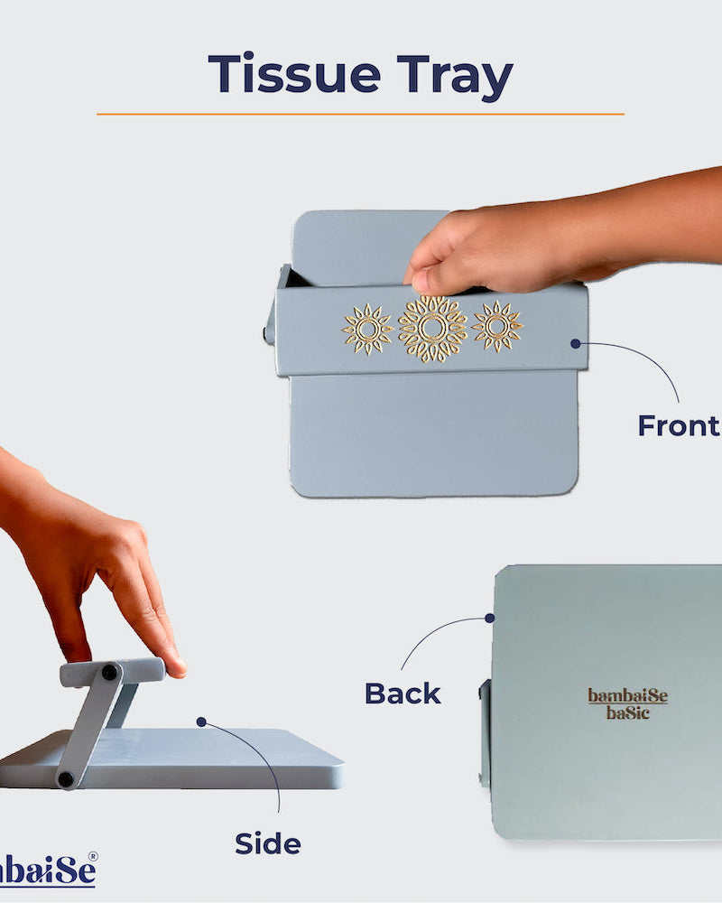 Optimize your space with the Pebble Grey Tissue Tray, meticulously crafted from High-Quality Wood. Featuring Serenity Mandal Art and an adjustable flap, this tray not only organizes square tissues but also adds a touch of sophistication to your decor, maintaining order in chaos.