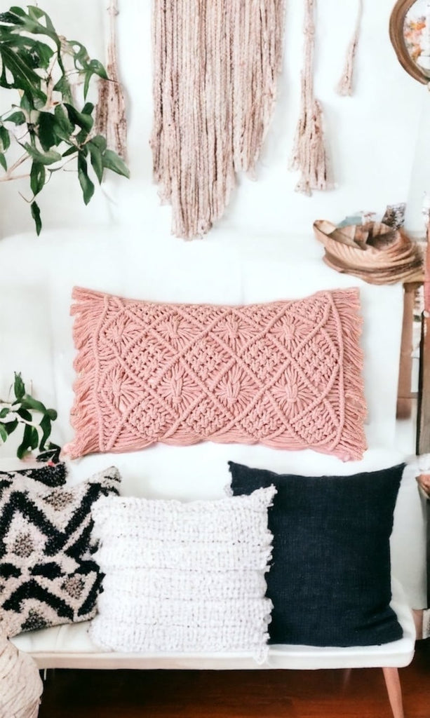 Pink Floral Macrame Lumbar Cushion - Boho Handmade Pillow set of 2
