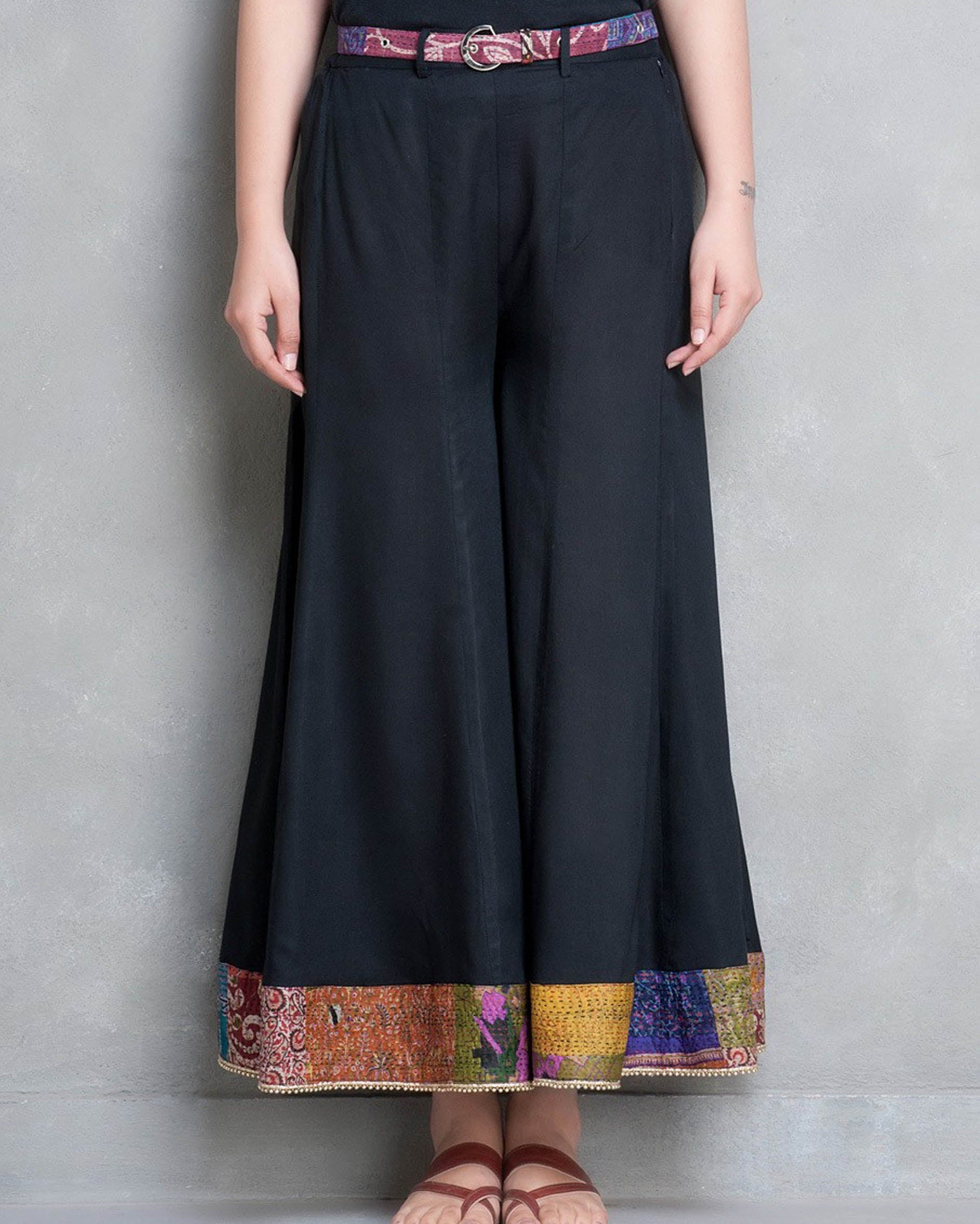 PAAJEB: Black cotton silk kali palazzo with silk kantha border