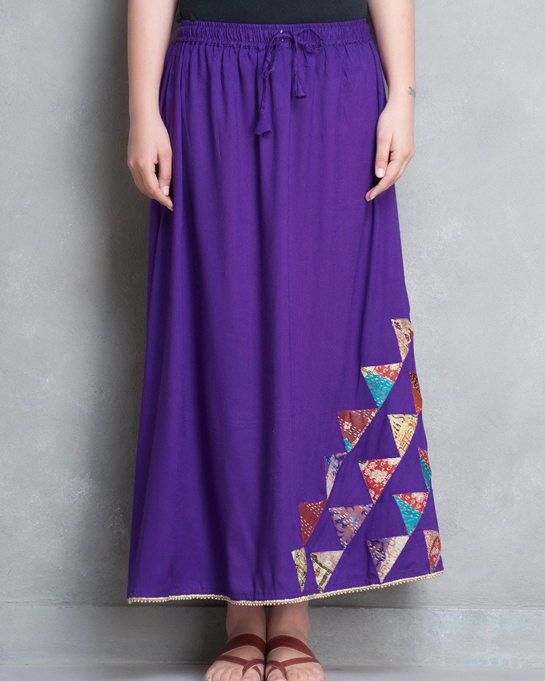 BHUJ: Purple cotton silk kali skirt with kantha and gota border