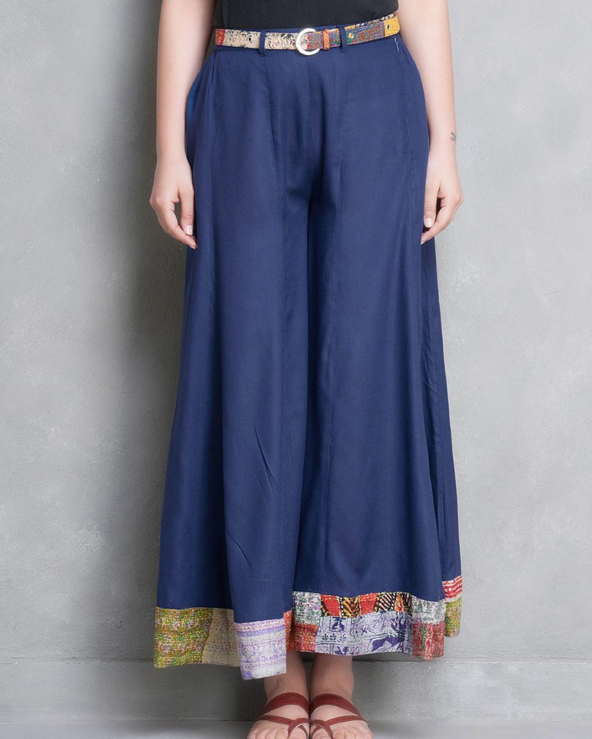 NEELOFER: Blue cotton silk kali palazzo with silk kantha border