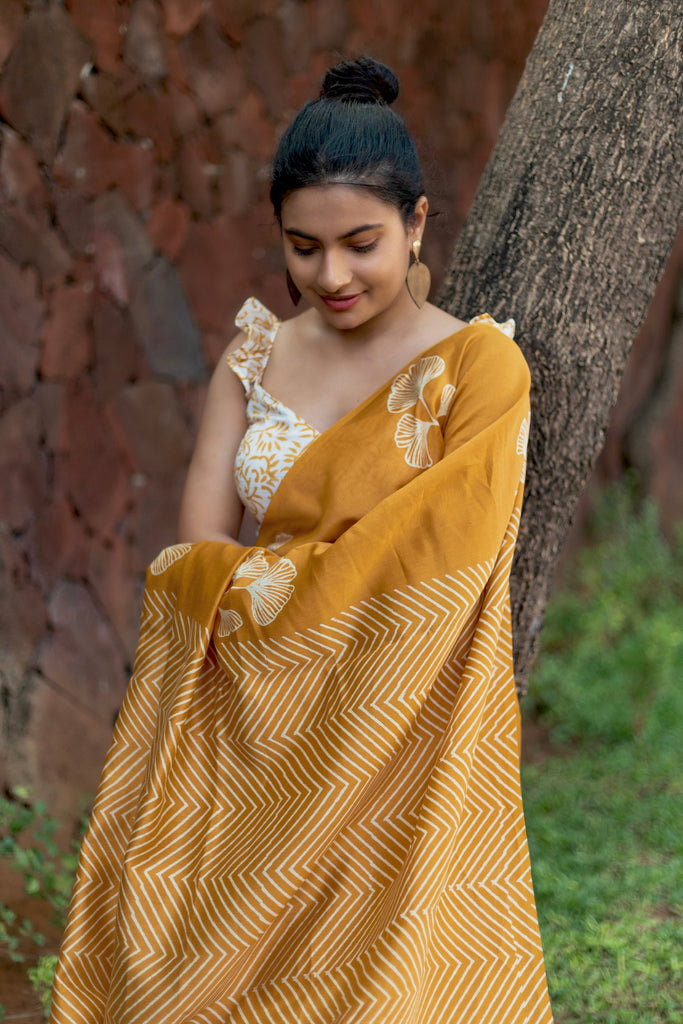 JA' s Drape Handblock Printed Silk Cotton Saree - Golden Grass + Pearl