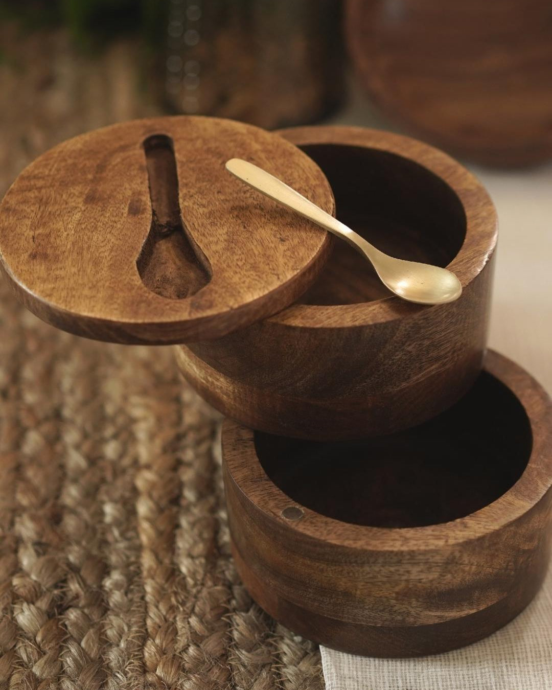 Courtyard Agaja Swivel 2 Tier Container With Embedded Brass Spoon - Our Better Planet