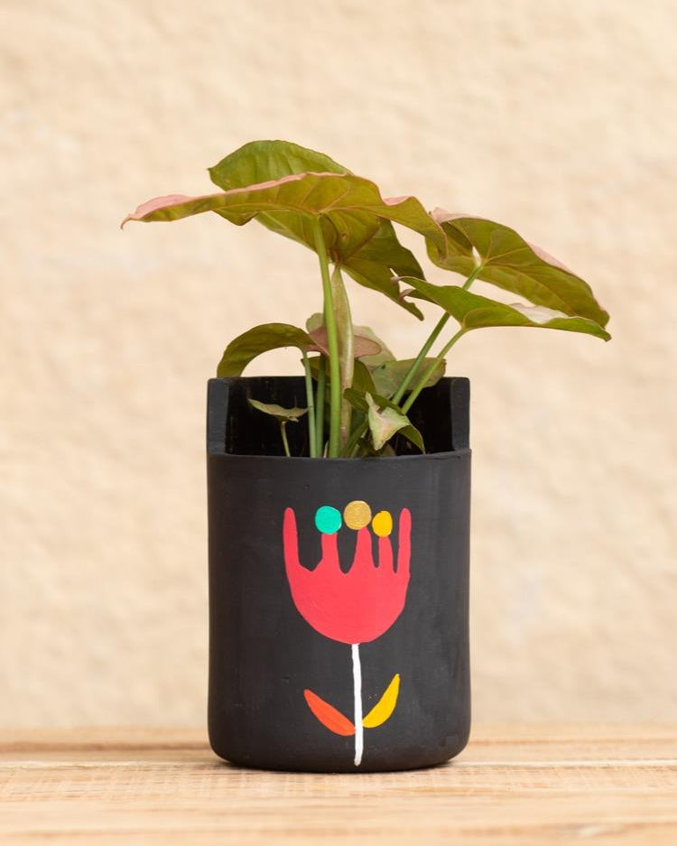 Earth Heart Hibiscus Handmade Hand Illustrated Terracotta Planter (L) - Our Better Planet