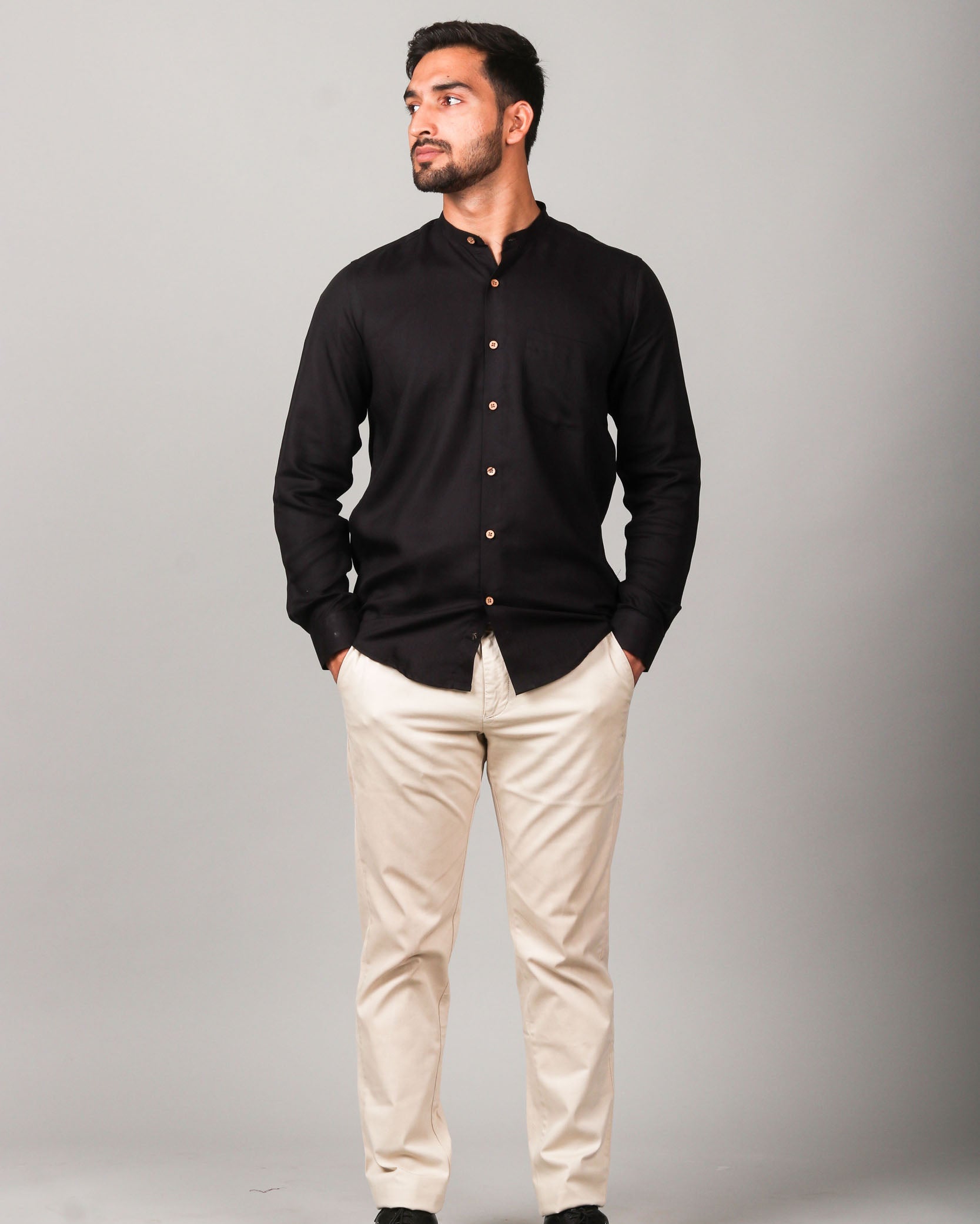 Earthy Route TENCEL- Lyocell Jet Black Mandarin Collar Shirt - Our Better Planet