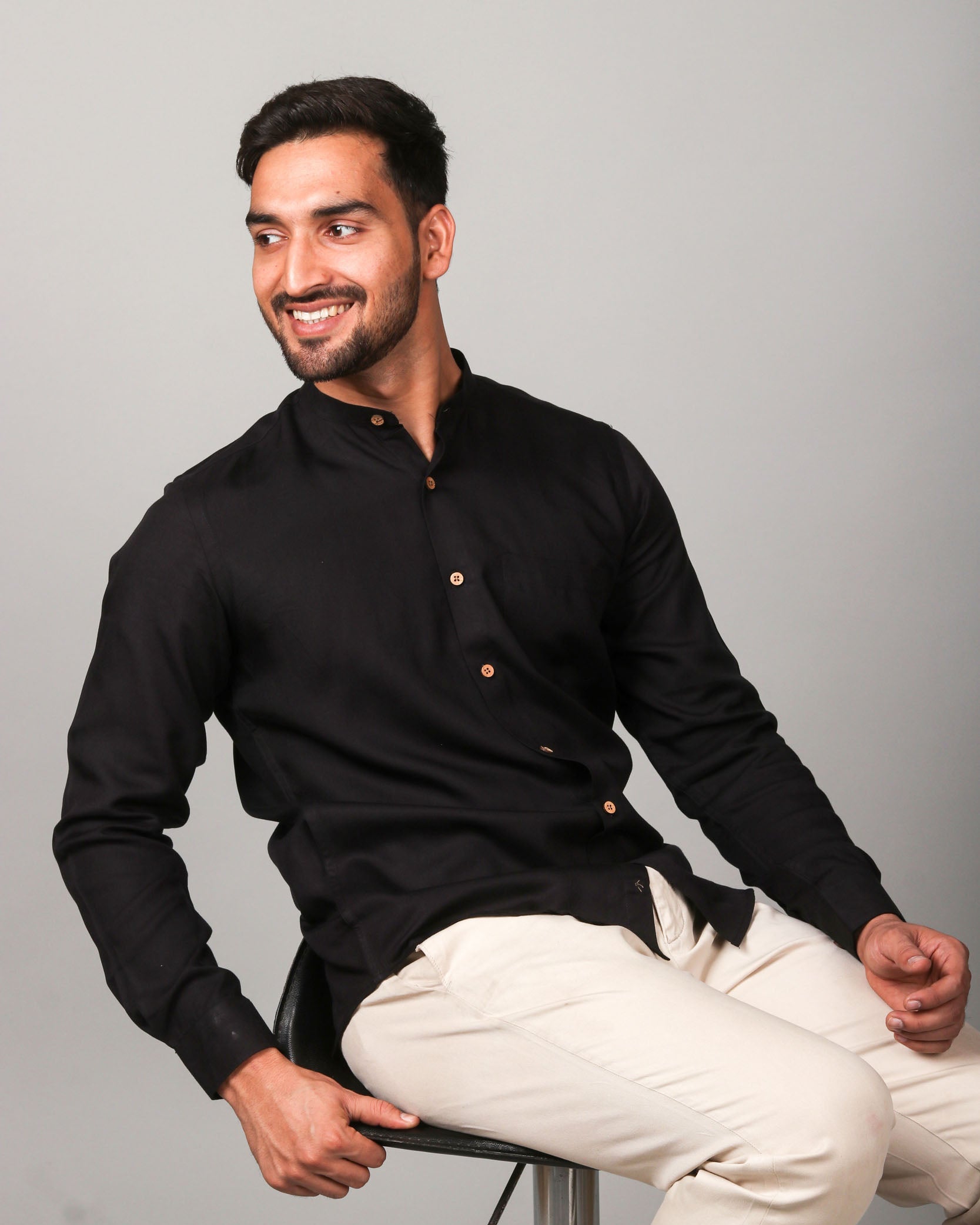 Earthy Route TENCEL- Lyocell Jet Black Mandarin Collar Shirt - Our Better Planet