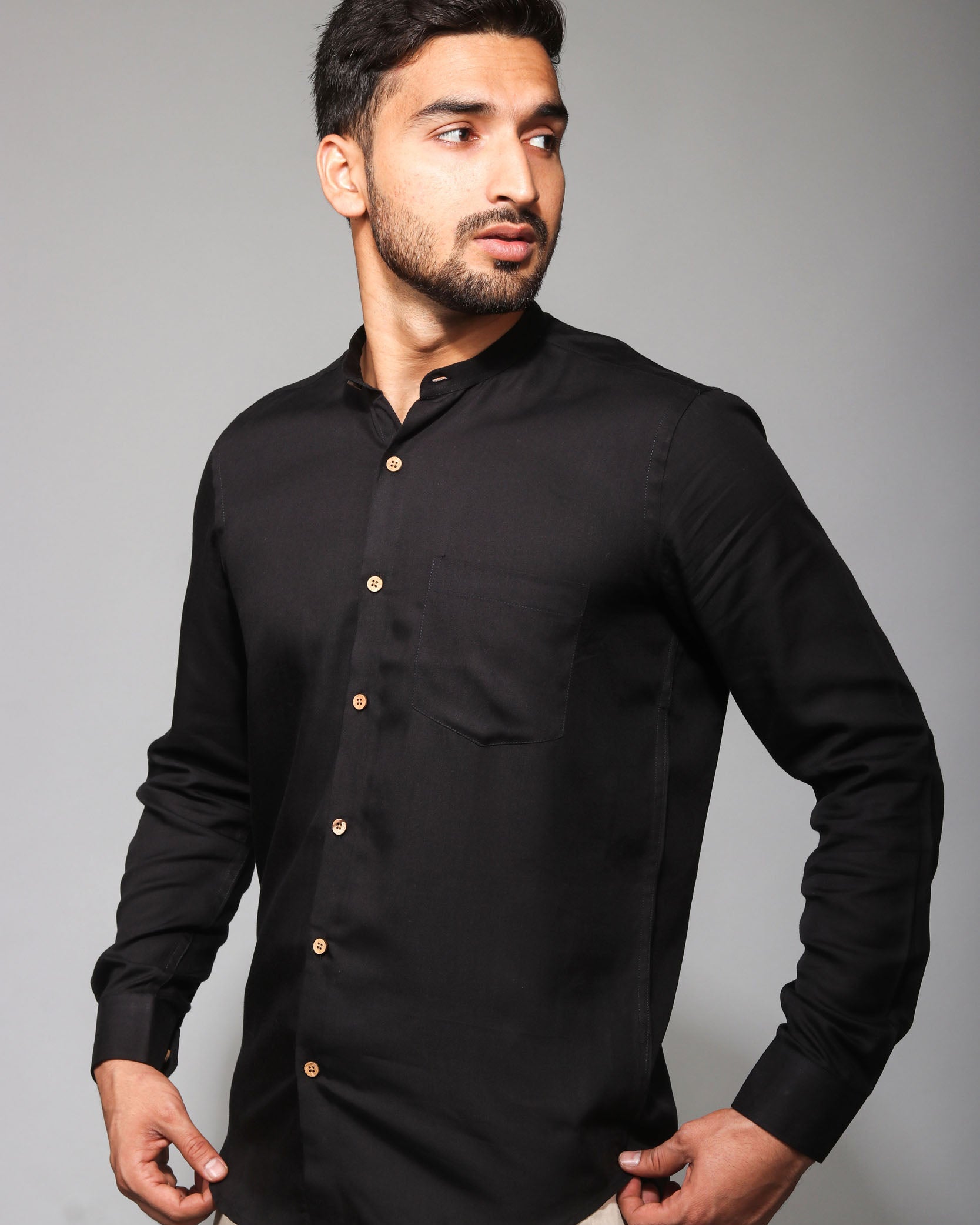 Earthy Route TENCEL- Lyocell Jet Black Mandarin Collar Shirt - Our Better Planet