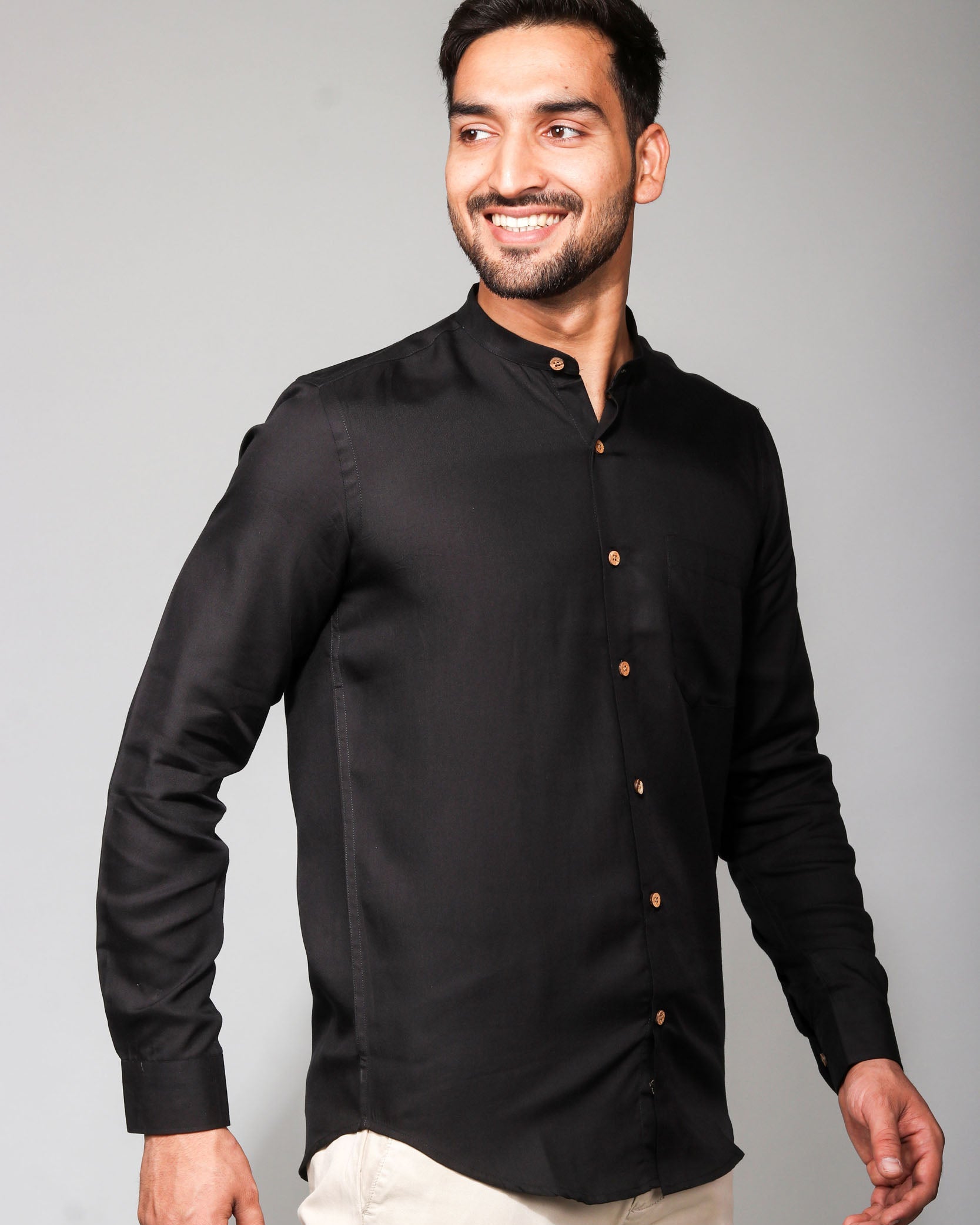 Earthy Route TENCEL- Lyocell Jet Black Mandarin Collar Shirt - Our Better Planet