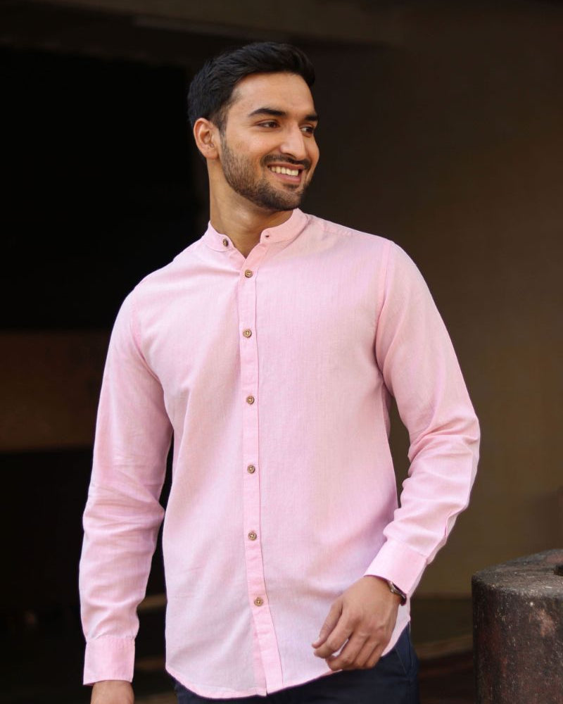 Earthy Route TENCEL- Lyocell Linen Charm Pink Mandarin Collar Shirt - Our Better Planet