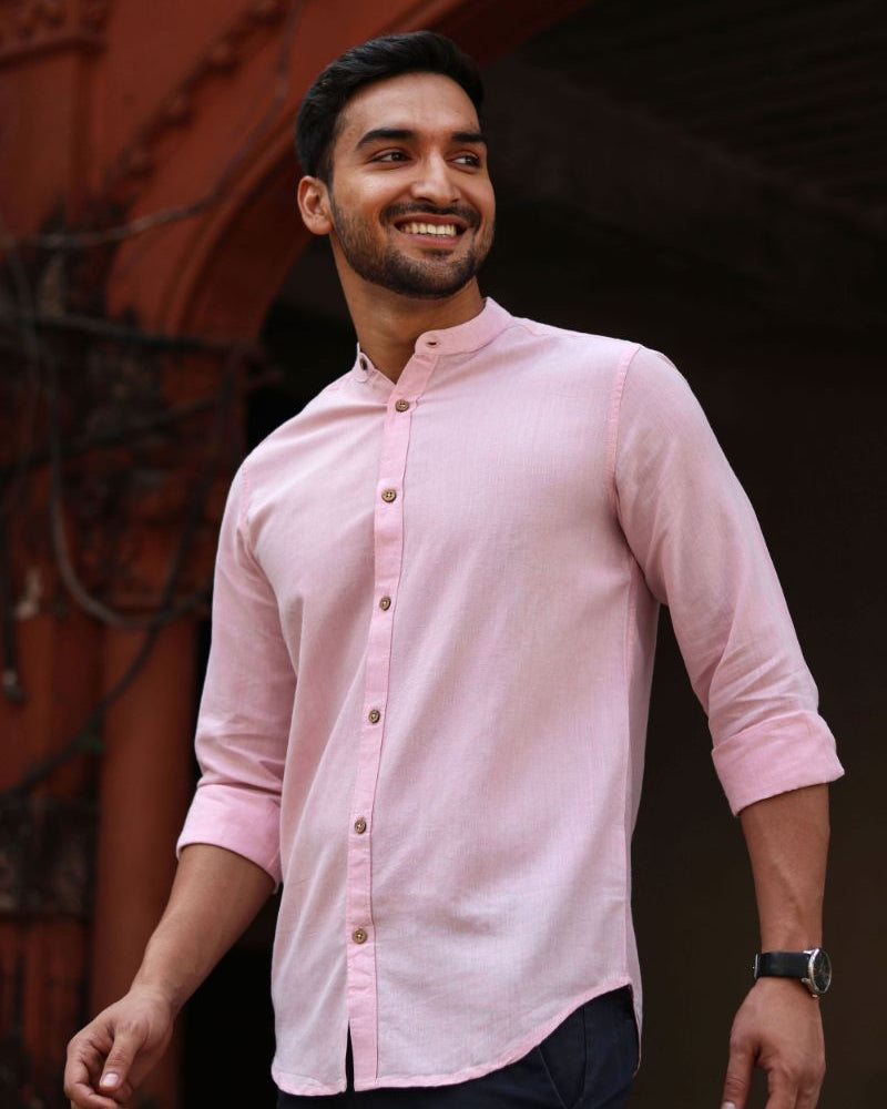Earthy Route TENCEL- Lyocell Linen Charm Pink Mandarin Collar Shirt - Our Better Planet