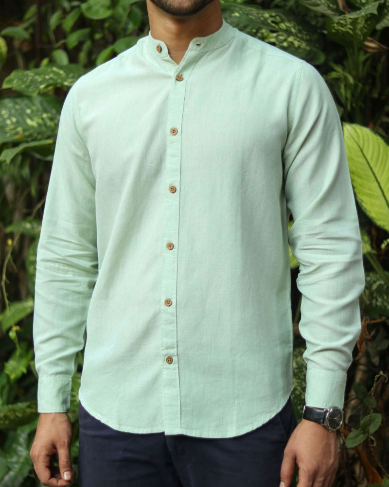 Earthy Route TENCEL- Lyocell Linen Fresh Green Mandarin Collar Shirt - Our Better Planet