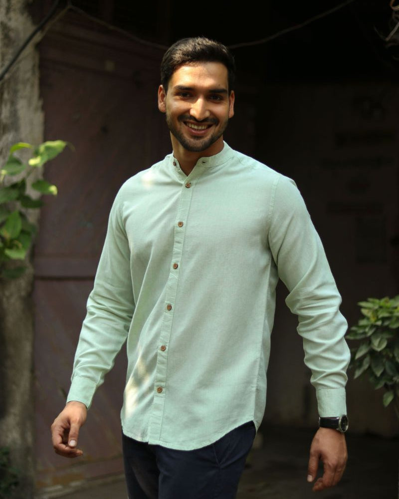 Earthy Route TENCEL- Lyocell Linen Fresh Green Mandarin Collar Shirt - Our Better Planet