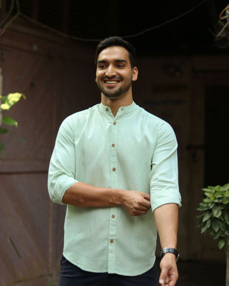 Earthy Route TENCEL- Lyocell Linen Fresh Green Mandarin Collar Shirt - Our Better Planet