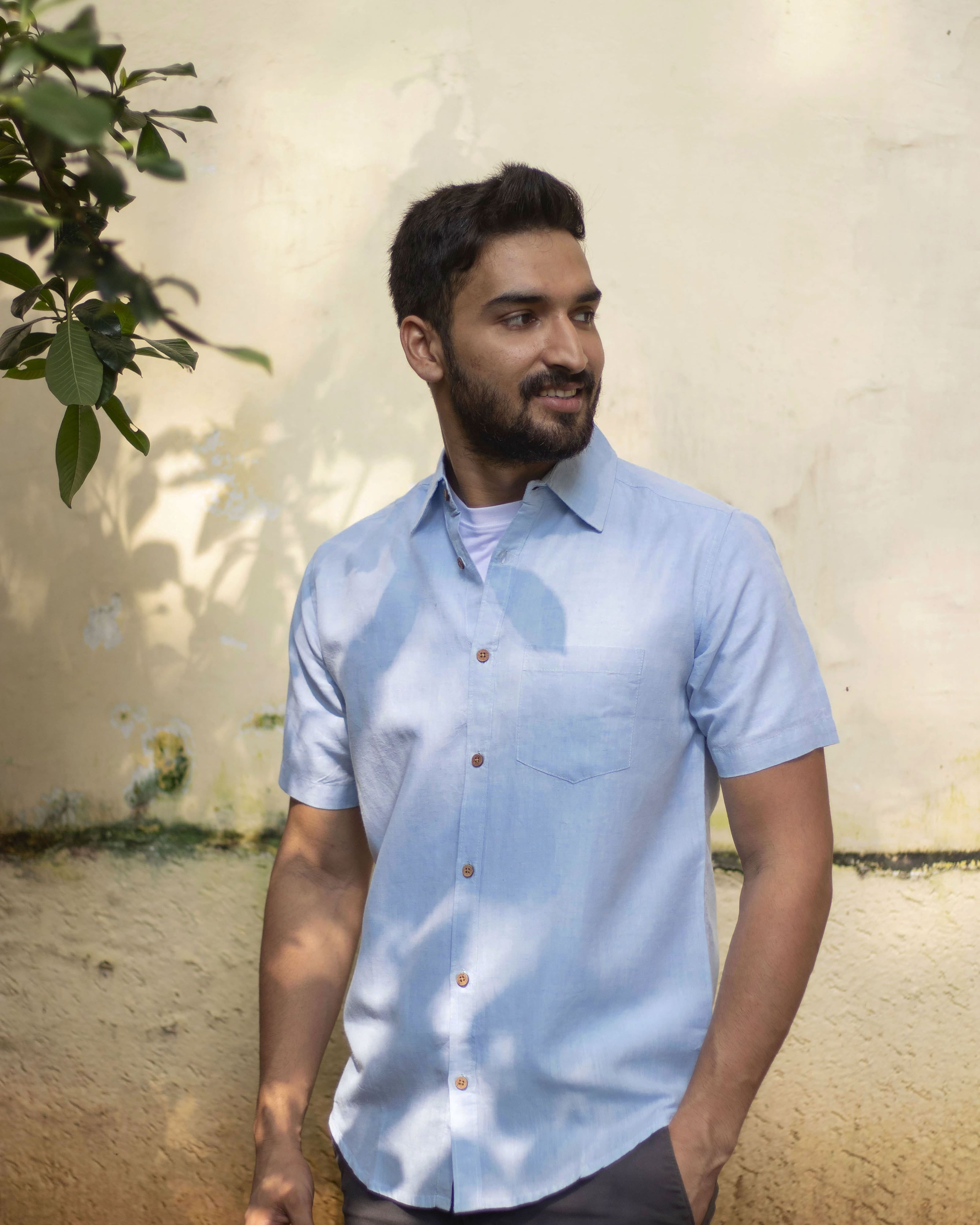 Earthy Route TENCEL- Lyocell Linen Ice Blue Half Sleeve Shirt - Our Better Planet