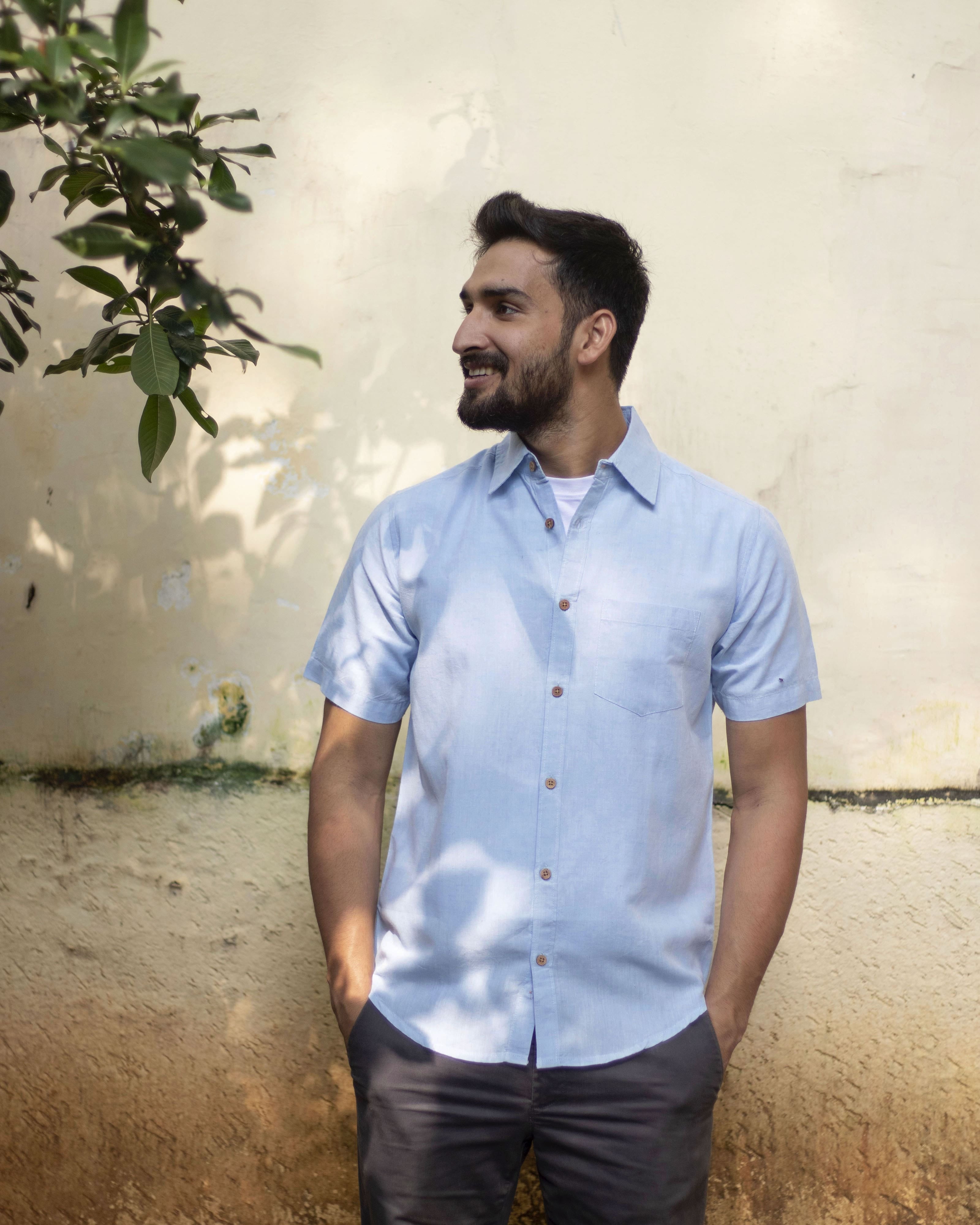 Earthy Route TENCEL- Lyocell Linen Ice Blue Half Sleeve Shirt - Our Better Planet