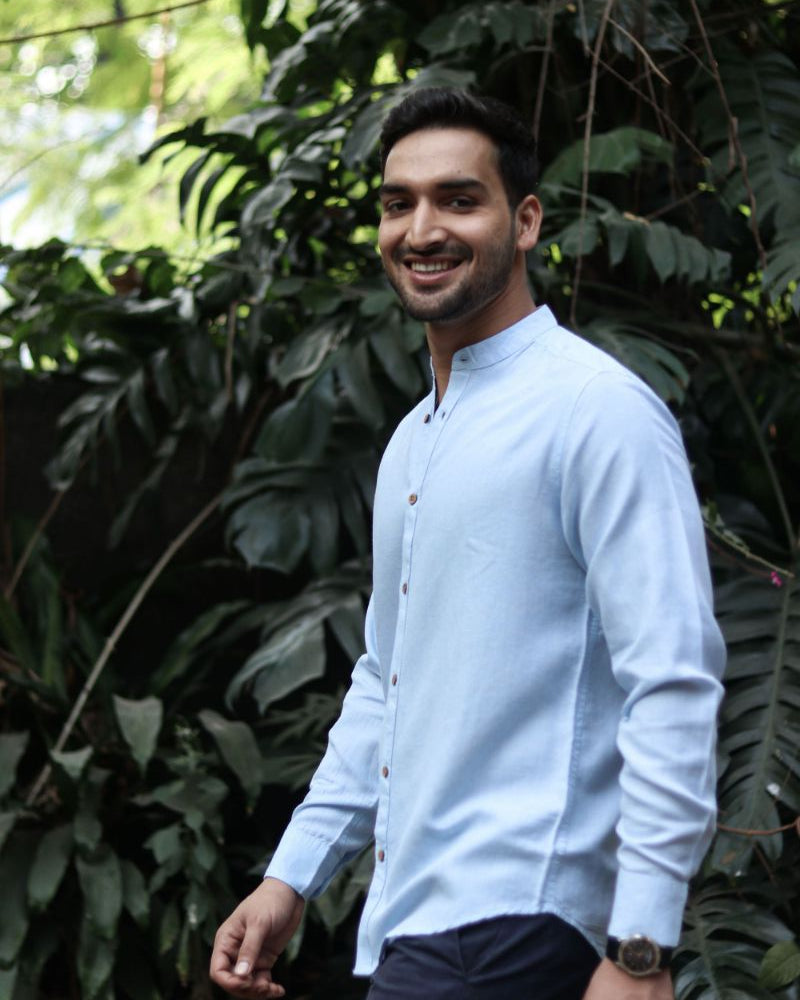 Earthy Route TENCEL- Lyocell Linen Ice Blue Mandarin Collar Shirt - Our Better Planet