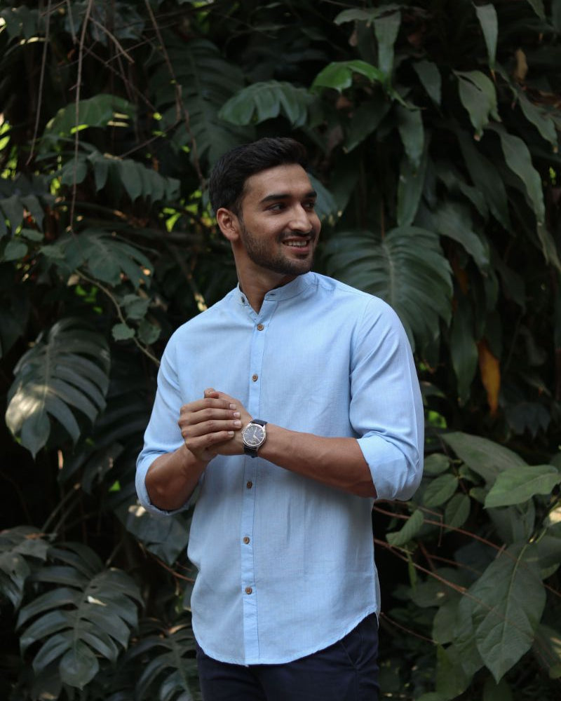 Earthy Route TENCEL- Lyocell Linen Ice Blue Mandarin Collar Shirt - Our Better Planet