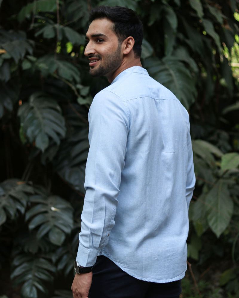 Earthy Route TENCEL- Lyocell Linen Ice Blue Mandarin Collar Shirt - Our Better Planet